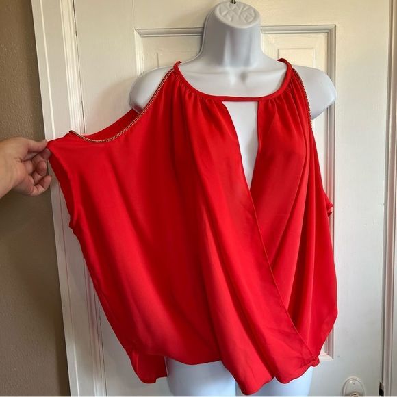 Jennifer Lopez Tops - Jennifer Lopez Blouse Cold Shoulder Red Beaded Arms Wrap front